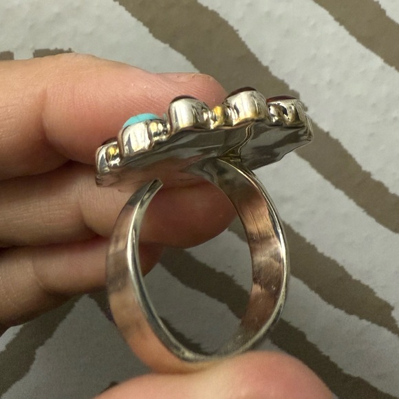 925 and genuine turquoise and amber stone adjustable cluster ring - Picture 12 of 13